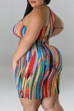 Sexy Print Hollowed Out Backless Oblique Collar Sleeveless Plus Size Dresses