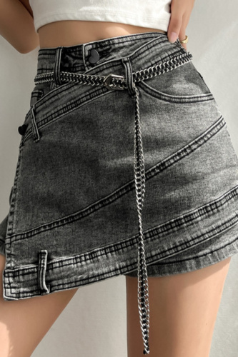Casual Solid Patchwork With Belt High Waist Skinny Denim Shorts
