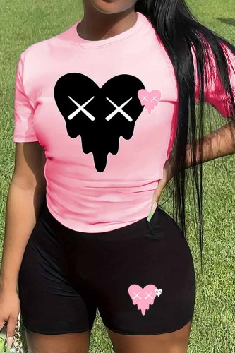 Casual Print Patchwork O Neck Short Sleeve Two Pieces