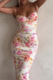 Sexy Floral Backless V Neck Pencil Skirt Dresses