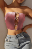 Sexy Solid Hollowed Out Patchwork Backless Rhinestone Strapless Tops
