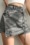 Casual Solid Patchwork With Belt High Waist Skinny Denim Shorts