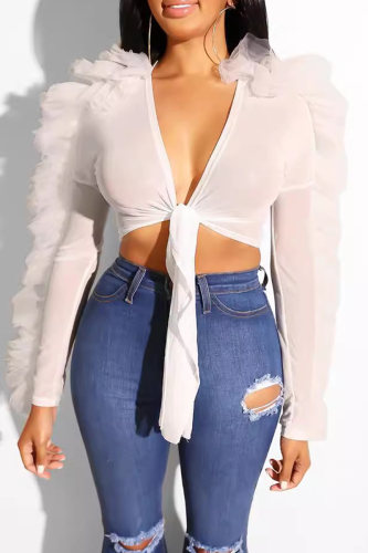 Sexy Solid Bandage Patchwork See-through Mesh Stringy Selvedge V Neck Tops