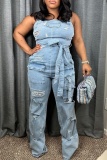 Casual Solid Ripped Backless With Belt Spaghetti Strap Sleeveless Regular Denim Jumpsuits