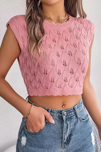 Casual Solid Hollowed Out O Neck Tops