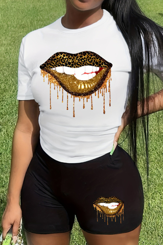 Casual Print Patchwork O Neck Short Sleeve Two Pieces