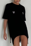 Casual Letter Heart Shaped Asymmetrical Hot Drill O Neck T-Shirts