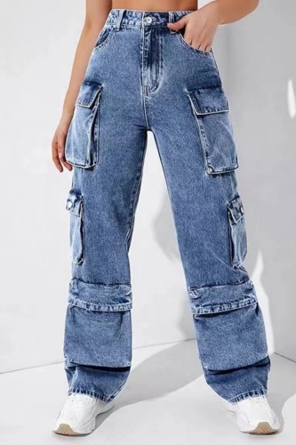 Casual Solid Patchwork High Waist Regular Denim Jeans