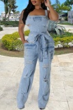 Casual Solid Ripped Backless With Belt Spaghetti Strap Sleeveless Regular Denim Jumpsuits