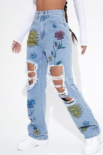 Casual Print Ripped High Waist Straight Denim Jeans