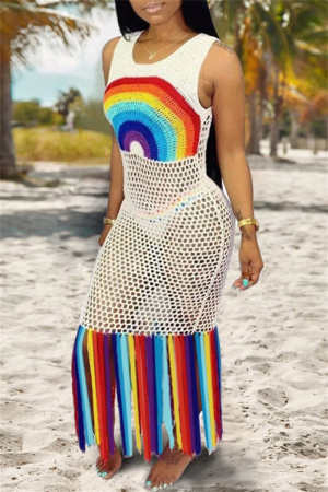 Rainbow Sleeveless Tassel Fishnet Knit See Through Round Neck Long Beach Dresses Cover Ups