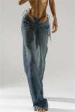 Casual Solid Patchwork Frenulum High Waist Straight Denim Jeans