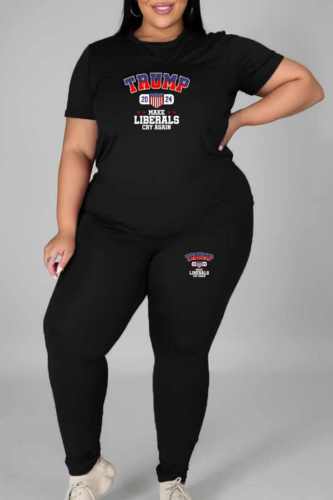 Casual Letter Print Basic O Neck Plus Size Two Pieces