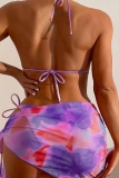 Sexy Print Tie Dye Bandage Backless Swimsuit Three Piece Set (With Paddings)