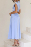 Light Blue Sweet Elegant Solid Hollowed Out Mandarin Collar A Line Dresses