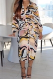 Casual Print With Belt Shirt Collar Long Sleeve Plus Size Dresses