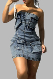 Sexy Street Solid Patchwork Pocket Zipper Strapless Sleeveless Skinny Denim Dresses