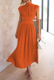 Tangerine Red Sweet Elegant Solid Hollowed Out Mandarin Collar A Line Dresses