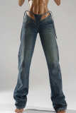 Casual Solid Patchwork Frenulum High Waist Straight Denim Jeans