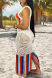 Rainbow Sleeveless Tassel Fishnet Knit See Through Round Neck Long Beach Dresses Cover Ups