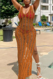 Crochet Sleeveless Deep V Neck Hollowed Out High Slit Vacation Beach Maxi Dress
