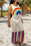 Sexy Patchwork Tassel Hollowed Out See-through O Neck Beach Dresses