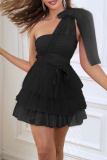 Sweet Solid Mesh With Bow Oblique Collar Princess Dresses