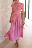 Pink Sweet Elegant Solid Hollowed Out Mandarin Collar A Line Dresses