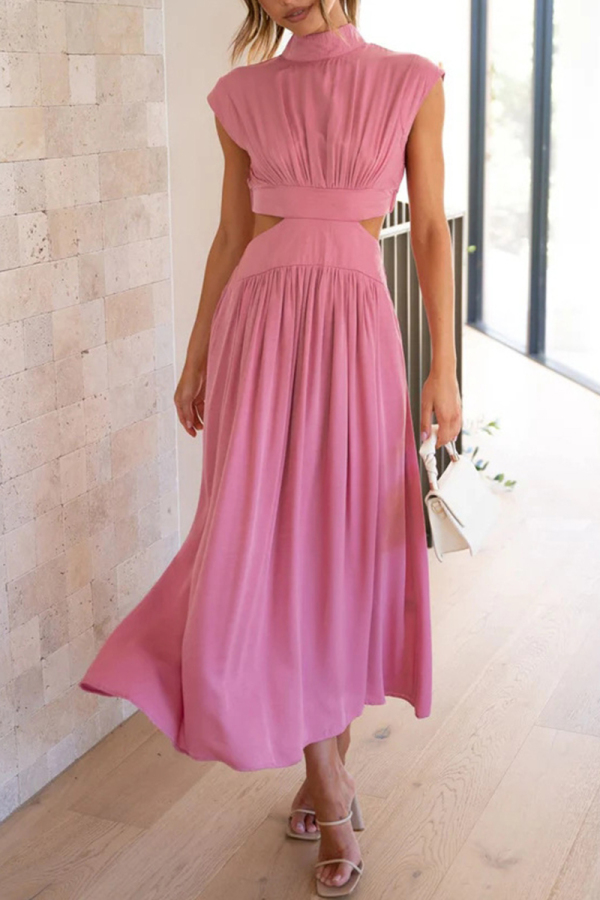 Pink Sweet Elegant Solid Hollowed Out Mandarin Collar A Line Dresses