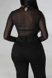 Celebrities Hollowed Out Patchwork See-through Hot Drill Half A Turtleneck Long Sleeve Two Pieces