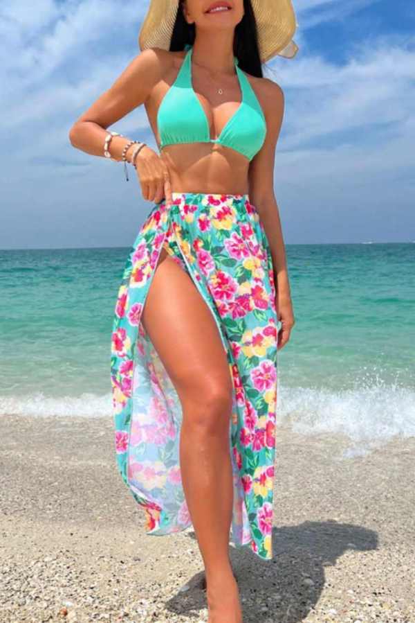 Sleeveless Cami Crop Top and Floral Maxi Skirts Vacation Beach Three Piece Set
