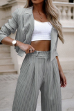 Casual British Style Striped Pocket Turn-back Collar Long Sleeve Two Pieces