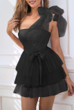 Sweet Solid Mesh With Bow Oblique Collar Princess Dresses