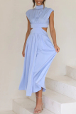 Light Blue Sweet Elegant Solid Hollowed Out Mandarin Collar A Line Dresses