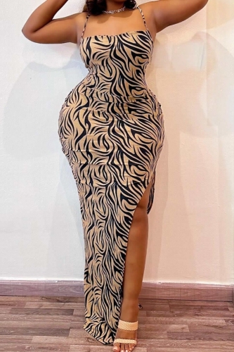 Sexy Casual Print Backless Slit Spaghetti Strap Long Plus Size Dresses