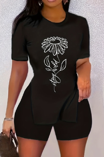 Casual Print Slit O Neck Short Sleeve Two Pieces