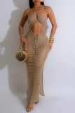 Sexy Solid Bandage Hollowed Out See-through Backless Slit Halter Beach Dresses