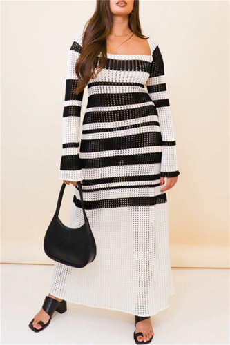 Black White Long Sleeve U Neck Fall Beachwear Striped Off-Shoulder Crochet Knit Maxi Dress