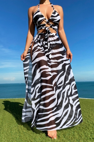 Zebra Print Sleeveless Hollow Out Backless Slit Swimsuit Three Piece Set With Paddings