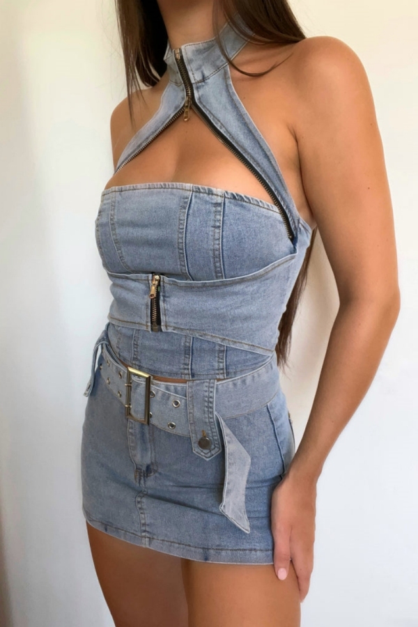 Sexy Solid Patchwork Backless Halter Sleeveless Two Pieces