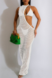 Crochet Sleeveless Bikini Top One Shoulder Cut Out Asymmetrical Beach Maxi Dress Matching Set