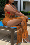 Crochet Sleeveless Deep V Neck Hollowed Out High Slit Vacation Beach Maxi Dress