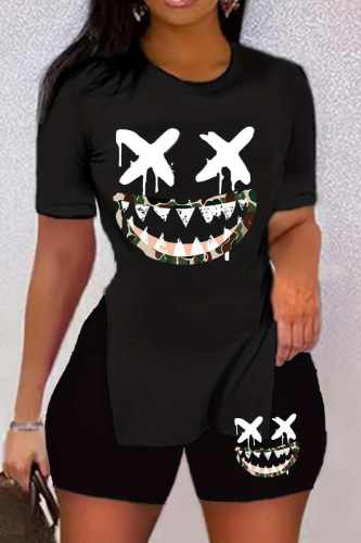 Casual Print Slit O Neck Short Sleeve Two Pieces