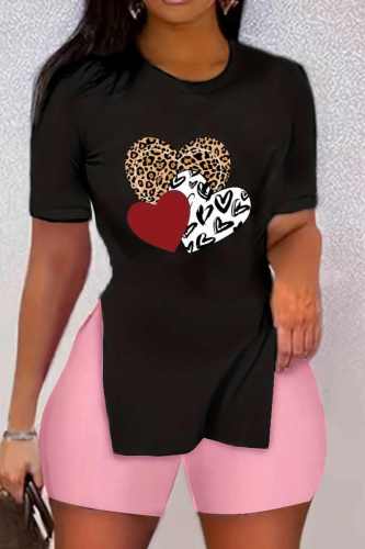 Casual Print Slit O Neck Short Sleeve Two Pieces