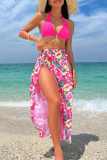 Sleeveless Cami Crop Top and Floral Maxi Skirts Vacation Beach Three Piece Set