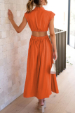Tangerine Red Sweet Elegant Solid Hollowed Out Mandarin Collar A Line Dresses