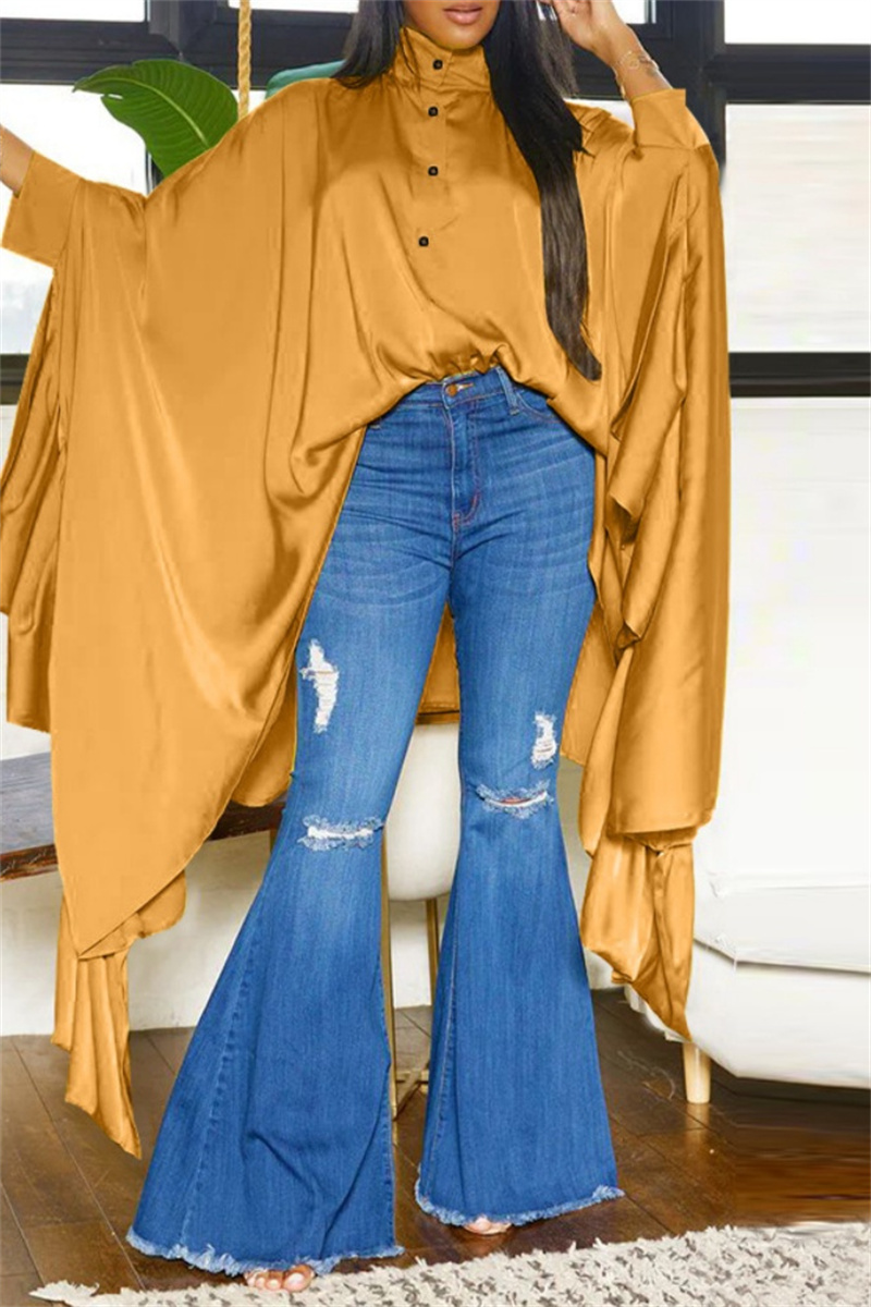 Wholesale Casual Solid Asymmetrical Shirt Collar Tops K102620 Online