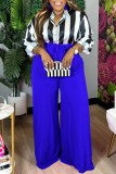 Blue Casual Striped Print Patchwork Turndown Collar Plus Size Two Pieces
