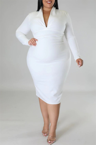 Formal Office Lady Casual V Neck Long Sleeve Plus Size Bodycon Midi Satin Dresses