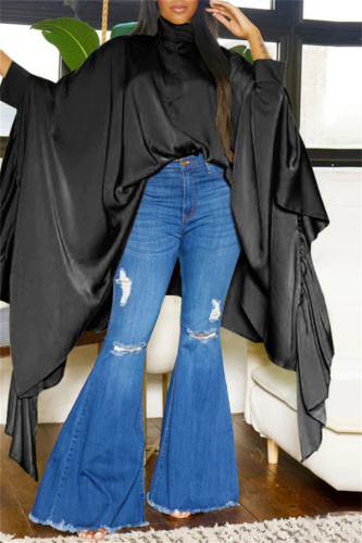 Casual Solid Asymmetrical Shirt Collar Tops